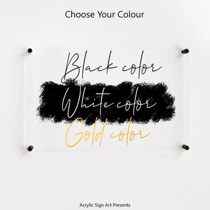 Color options chart showing the acrylic family calendar lettering available in black, white, and gold
