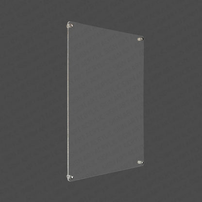Angled 3D render of a blank acrylic board with silver standoff hardware on a dark background