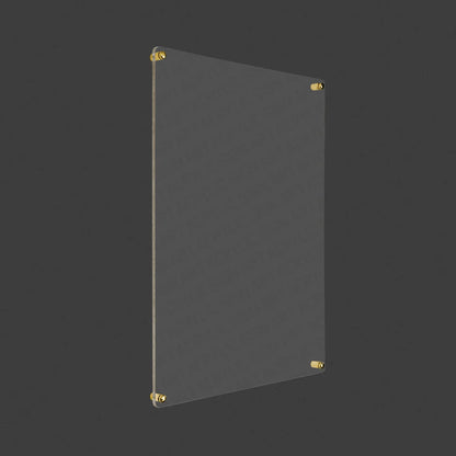 Angled 3D render of a blank acrylic board with gold standoff hardware on a dark background