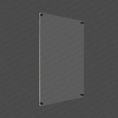 Angled 3D render of a blank acrylic board with black standoff hardware on a dark background