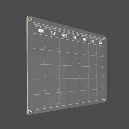 3D render of the modern bold-type acrylic calendar with silver standoff hardware on a dark background