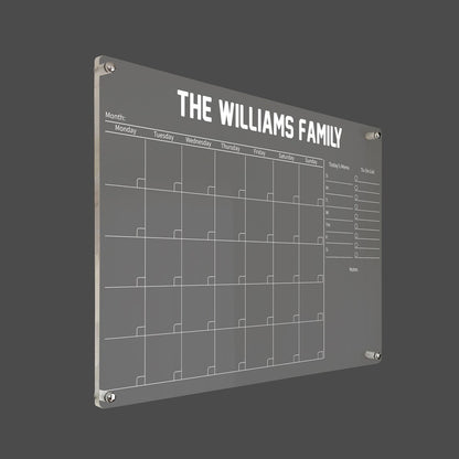 3D render of the bold-title personalized family acrylic calendar with silver standoff hardware