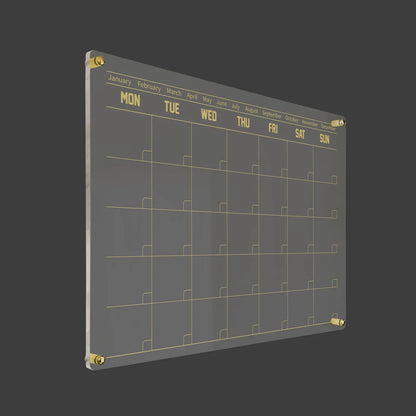3D render of the modern bold-type acrylic calendar with gold standoff hardware on a dark background