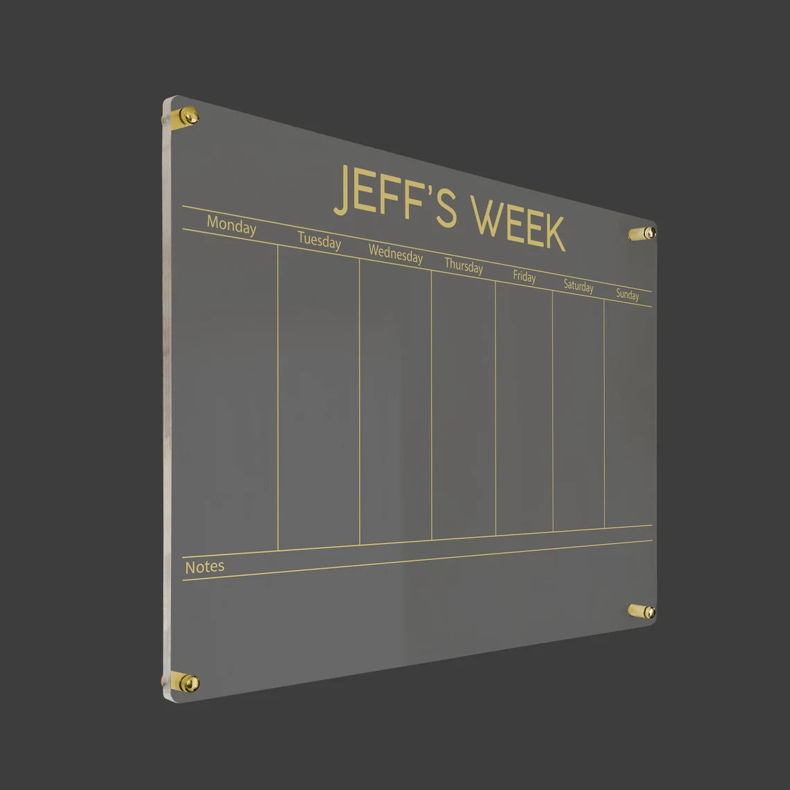 3D render of the personalized bold-title acrylic weekly planner with gold standoff hardware on a dark background