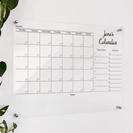 Personalized clear acrylic 'Jane's Calendar' monthly planner with today's menu and to-do list columns
