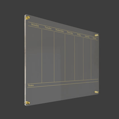 3D render of the minimalist weekly acrylic planner with gold standoff hardware on a dark background