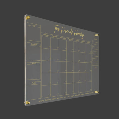3D render of the personalized family acrylic calendar with individual name boxes, gold standoff hardware
