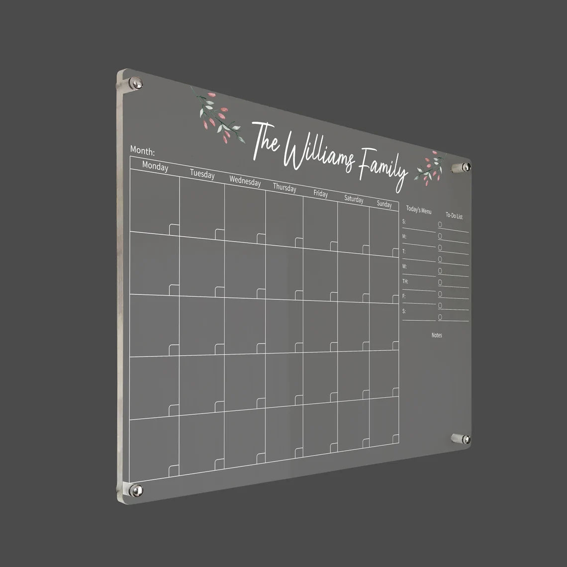 3D render of the floral personalized family acrylic calendar with silver standoff hardware on a dark background
