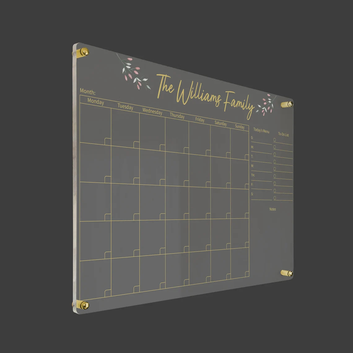 3D render of the floral personalized family acrylic calendar with gold standoff hardware on a dark background