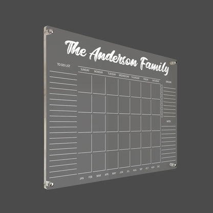 3D render of the personalized family acrylic calendar with to-do and grocery lists, silver standoff hardware