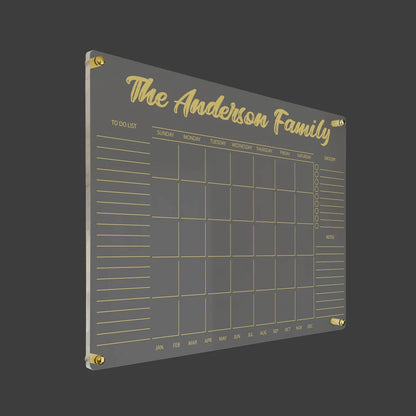 3D render of the personalized family acrylic calendar with to-do and grocery lists, gold standoff hardware
