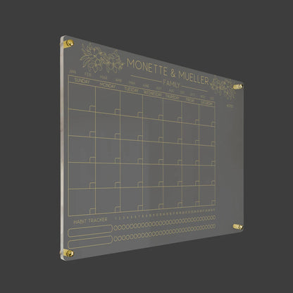 3D render of the floral personalized family acrylic calendar showing standoff hardware close-up
