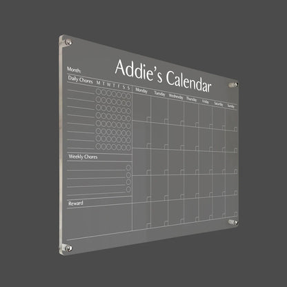 3D render of the personalized chore chart acrylic calendar with silver standoff hardware on a dark background