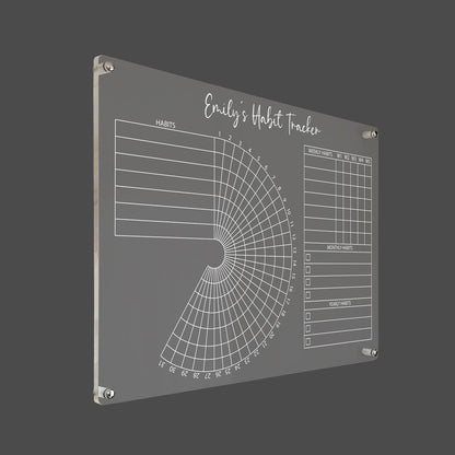 3D render of the personalized fan-shaped habit tracker acrylic board on a dark background