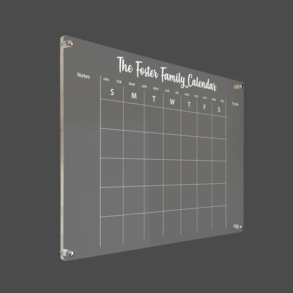 3D render of the personalized family acrylic calendar with notes and to-do columns, silver standoff hardware
