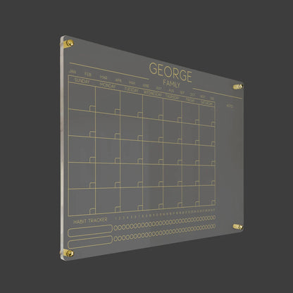 3D render of the personalized family acrylic calendar with habit tracker, close standoff hardware view