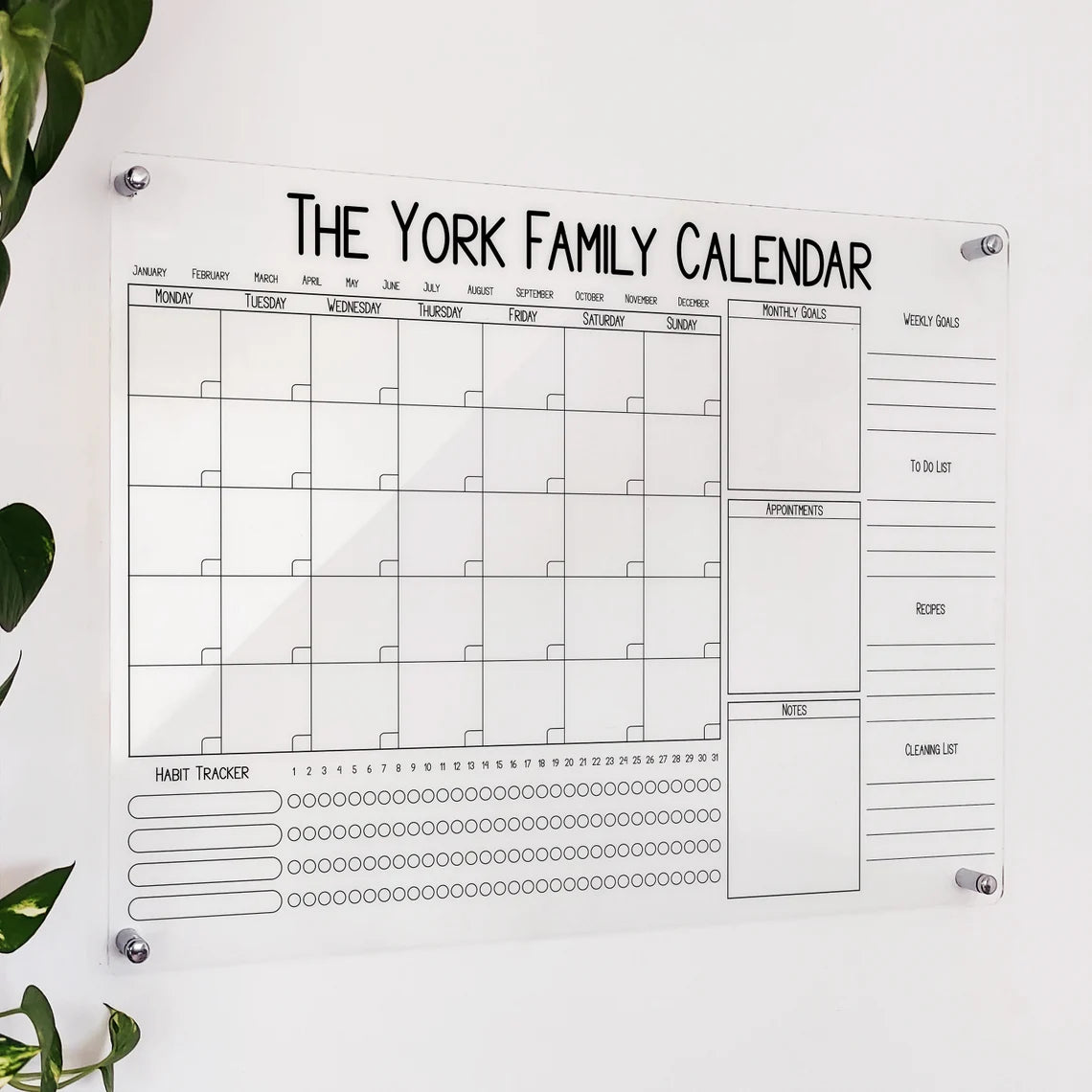 Personalized Acrylic Family Calendar: Dry Erase Monthly Planner