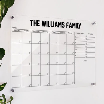 Personalized clear acrylic 'The Williams Family' calendar with bold block title, menu, and to-do list