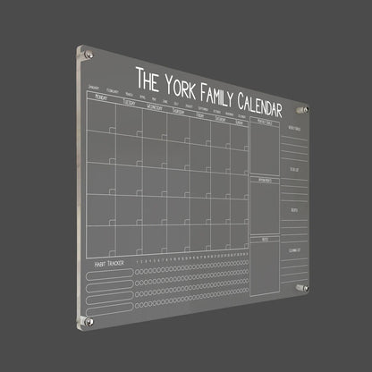 3D render of 'The York Family Calendar' acrylic command center showing standoff hardware close-up