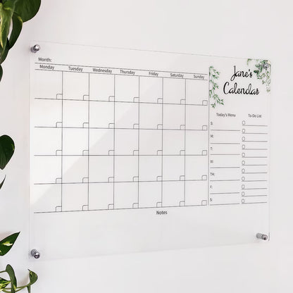 Personalized clear acrylic 'Jane's Calendar' with botanical leaf accents, today's menu, and to-do list