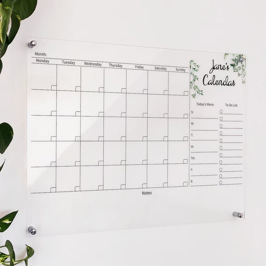 Personalized clear acrylic 'Jane's Calendar' with botanical leaf accents, today's menu, and to-do list