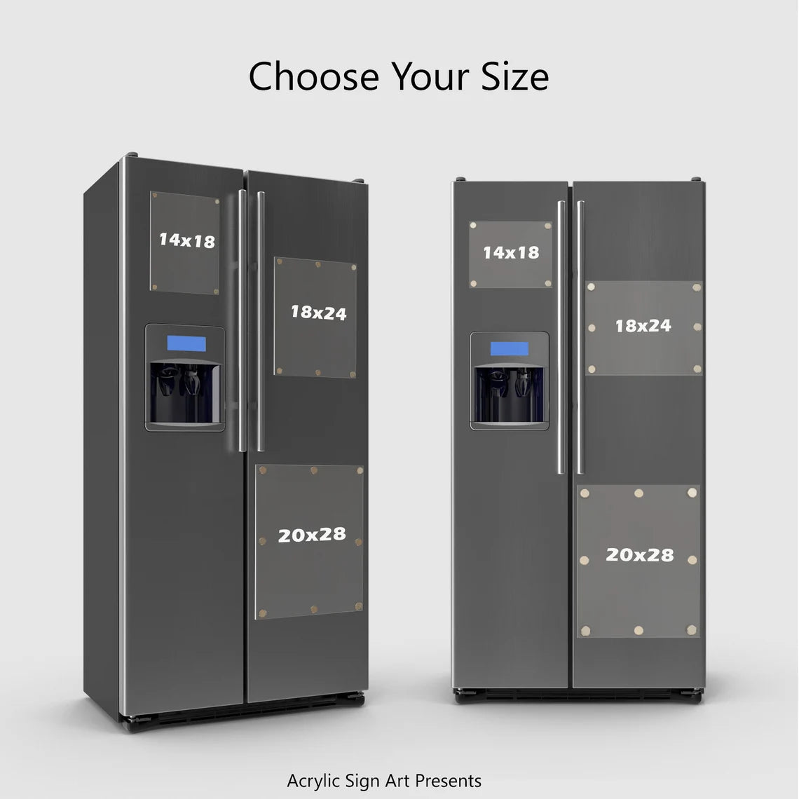 Size comparison of magnetic acrylic fridge calendars (14x18", 18x24", 20x28") shown on two refrigerator doors