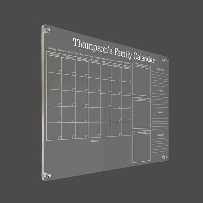 3D render of the personalized family acrylic calendar with multiple list sections, silver standoff hardware