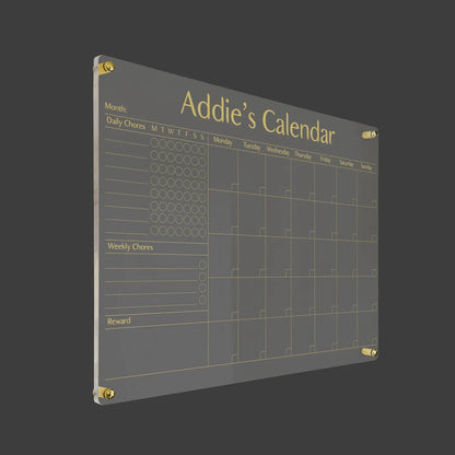 3D render of the personalized chore chart acrylic calendar with gold standoff hardware on a dark background