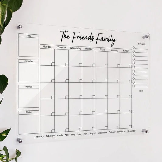 Personalized clear acrylic 'The Friends Family' calendar with 4 named boxes, monthly grid, and to-do list