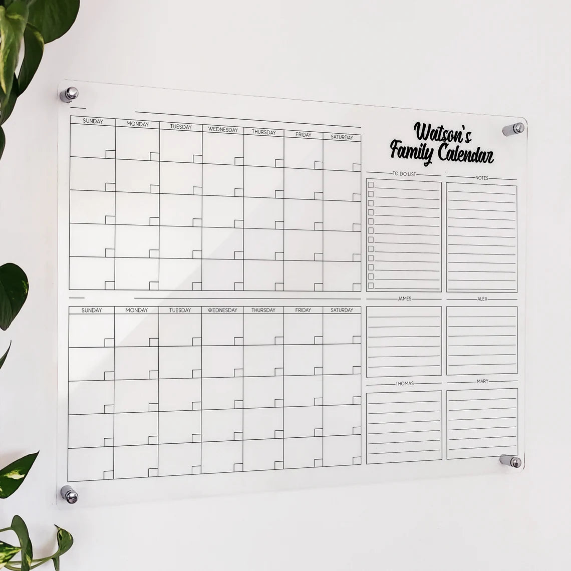 Personalized Acrylic Family Wall Calendar: Monthly & Weekly Planner