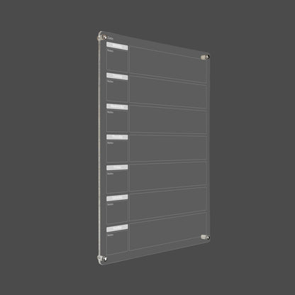 3D render of the acrylic weekly planner with black day-of-week tabs on a dark background