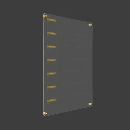 3D render of the acrylic weekly planner with gold day-of-week tabs on a dark background