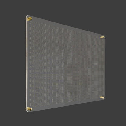 3D render of the dot-grid acrylic planner with gold standoff hardware on a dark background