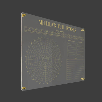 3D render of the personalized radial habit tracker acrylic board showing standoff hardware close-up
