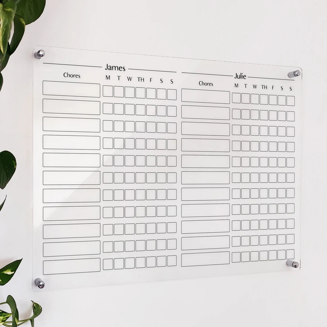 Personalized Acrylic Chore Chart for Two: Dry Erase Family Planner