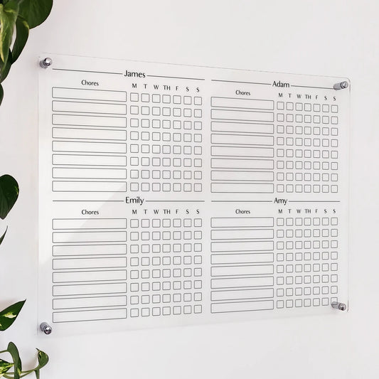 Personalized Acrylic Chore Chart for Four: Dry Erase Family Planner