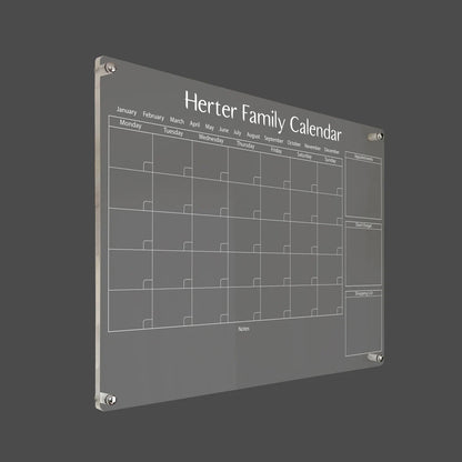 3D render of the personalized family acrylic calendar with appointments and shopping list, silver standoff hardware