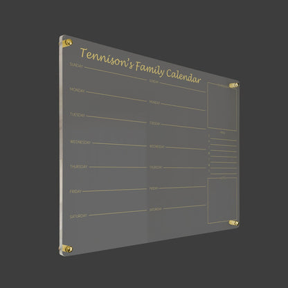 3D render of the personalized family command center acrylic calendar with gold standoff hardware
