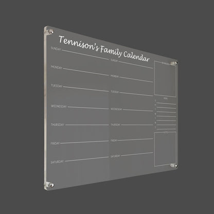 3D render of the personalized family command center acrylic calendar with silver standoff hardware