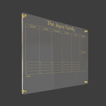 3D render of 'The Joyce Family' acrylic weekly planner with checklists, standoff hardware close-up
