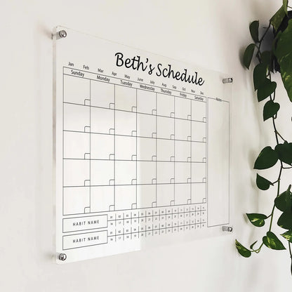 Angled close-up of 'Beth's Schedule' acrylic calendar and habit tracker mounted beside a hanging plant