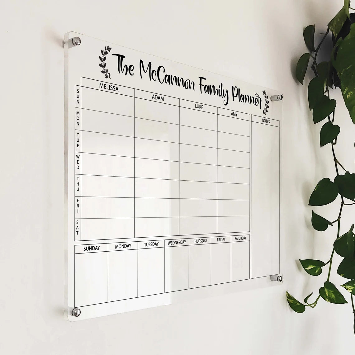 Personalized Acrylic Family Calendar: Large Dry Erase Wall Planner