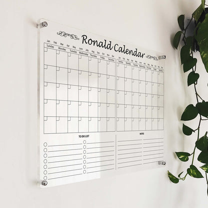 Personalized clear acrylic 'Ronald Calendar' family command center with dual monthly grids, to-do list, and notes