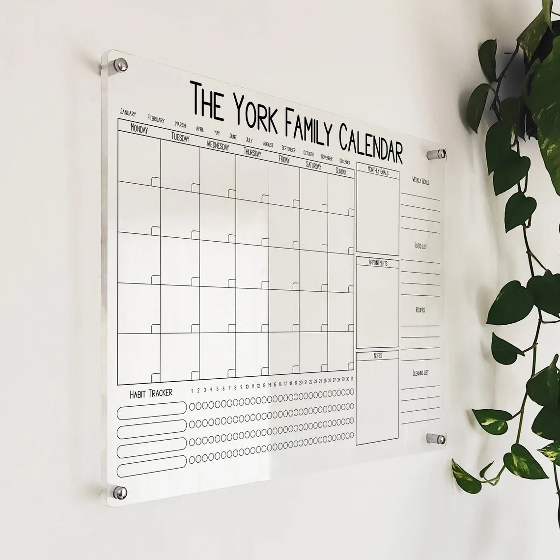 Personalized Acrylic Family Calendar: Dry Erase Monthly Planner