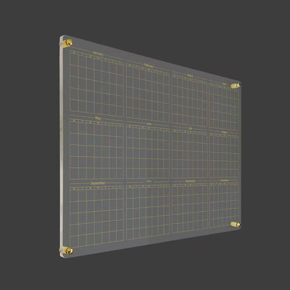 3D render of the 12-month acrylic yearly calendar with gold standoff hardware on a dark background