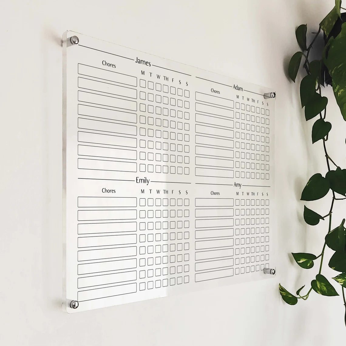 Personalized Acrylic Chore Chart for Four: Dry Erase Family Planner