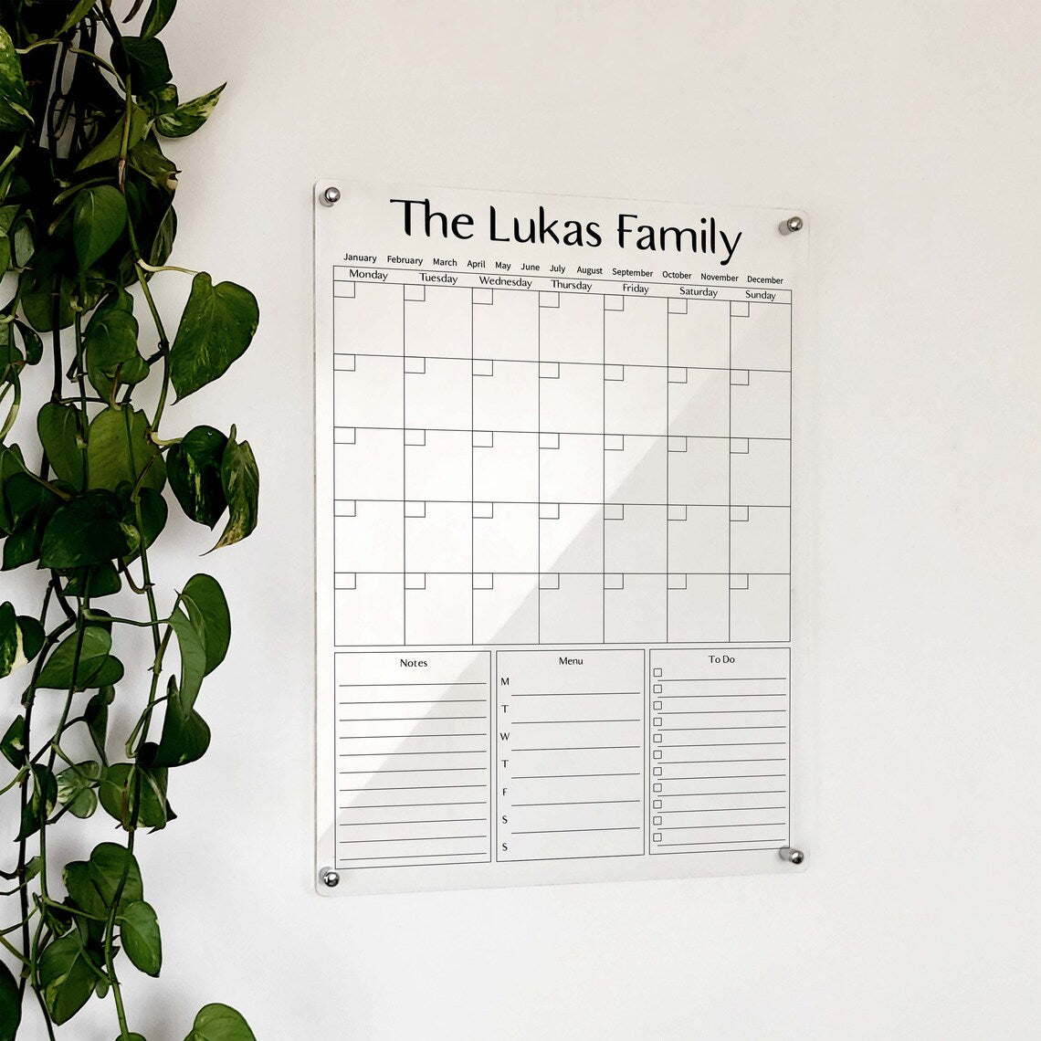 Personalized Acrylic Wall Calendar: Family Monthly Planner, Dry Erase Board