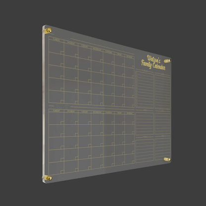 3D render of the personalized family acrylic calendar with named sections, gold standoff hardware