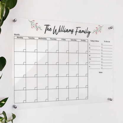 Personalized clear acrylic 'The Williams Family' calendar with floral accents, menu, and to-do list
