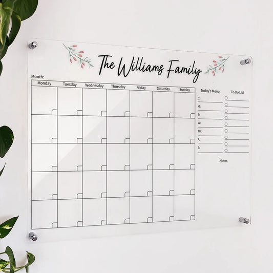 Personalized clear acrylic 'The Williams Family' calendar with floral accents, menu, and to-do list